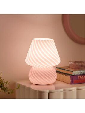 Chic Pink Mushroom Table Lamp - Striped Glass Nightstand Light for Bedroom